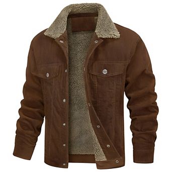 Men’s Sherpa-Lined Corduroy Trucker Jacket Warm Winter Cargo Coat with 5 Pockets