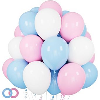 100 pc 12 Inch Pink Blue White Latex Balloons with Ribbon for Gender Reveal Baby Shower