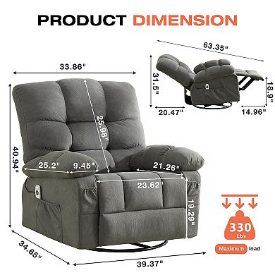 Fabric Swivel Manual Recliner with Massage and USB Port