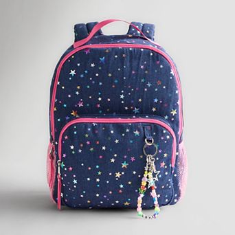 madden girl Denim Foil Star Backpack With Keychain Charm