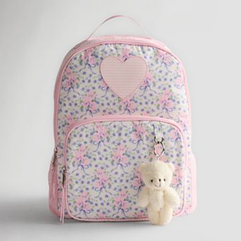 madden girl Floral Bow Print Backpack With Teddy Bear Keychain