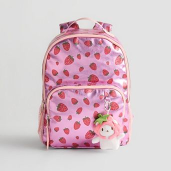 madden girl Metallic Strawberry Print Backpack With Plush Keychain