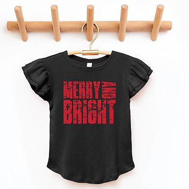Merry and Bright Block Distressed - Flutter Sleeve Graphic T-Shirt