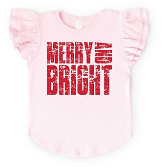 Merry and Bright Block Distressed - Flutter Sleeve Graphic T-Shirt