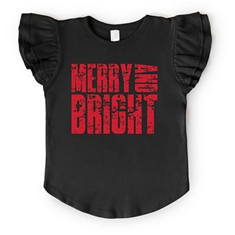 Merry and Bright Block Distressed - Flutter Sleeve Graphic T-Shirt