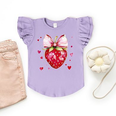 Coquette Strawberry Hearts Watercolor - Flutter Sleeve Graphic T-Shirt