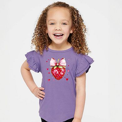 Coquette Strawberry Hearts Watercolor - Flutter Sleeve Graphic T-Shirt