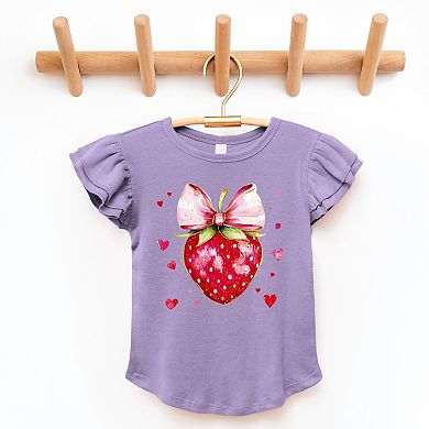 Coquette Strawberry Hearts Watercolor - Flutter Sleeve Graphic T-Shirt