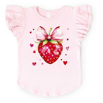 Coquette Strawberry Hearts Watercolor - Flutter Sleeve Graphic T-Shirt