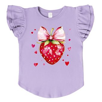 Coquette Strawberry Hearts Watercolor - Flutter Sleeve Graphic T-Shirt