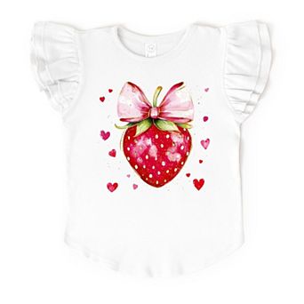Coquette Strawberry Hearts Watercolor - Flutter Sleeve Graphic T-Shirt
