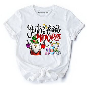 Santa’s Favorite Manicurist Nail Studio T-Shirt, Stylish Holiday Tee for Beauty Technicians