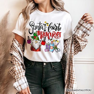 Santa’s Favorite Manicurist Nail Studio T-Shirt, Stylish Holiday Tee for Beauty Technicians
