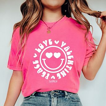 S.W.Smiley Peace Love Valentine Smiley - Women's Garment Dyed Graphic T-Shirt