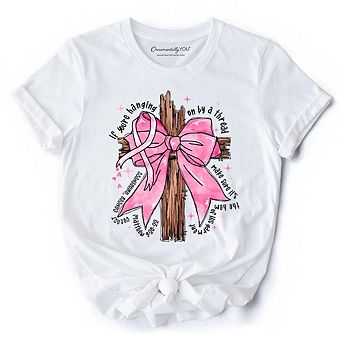 Breast Cancer Pink Bow Cross T-Shirt, Awareness Faith Christian Tee