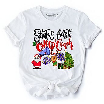 Santa’s Favorite Cheer Coach Christmas T-Shirt, Festive Cheerleading Tee