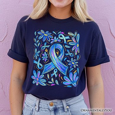 Diabetes Blue Ribbon Floral T-Shirt, Awareness Support Tee