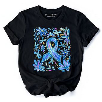 Diabetes Blue Ribbon Floral T-Shirt, Awareness Support Tee