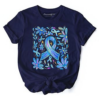 Diabetes Blue Ribbon Floral T-Shirt, Awareness Support Tee