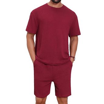 Men's Casual Set Texture Crew Neck Solid Shirt Top and Shorts 2 pc Outfits