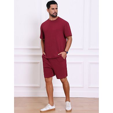 Men's Casual Set Texture Crew Neck Solid Shirt Top and Shorts 2 Piece Outfits