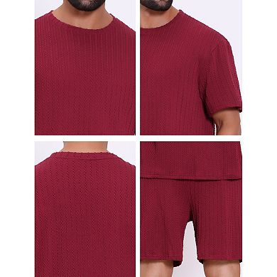Men's Casual Set Texture Crew Neck Solid Shirt Top and Shorts 2 Piece Outfits