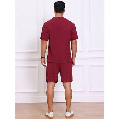 Men's Casual Set Texture Crew Neck Solid Shirt Top and Shorts 2 Piece Outfits