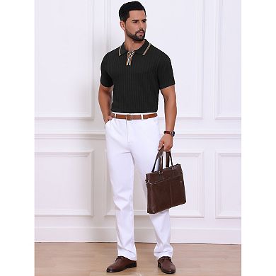 Men's Knitted Polo Shirt Ribbed Hem Short Sleeve Textured Golf Shirts