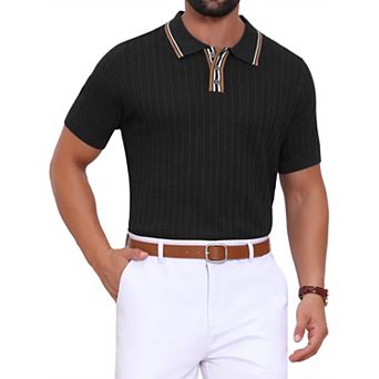 Men's Knitted Polo Shirt Ribbed Hem Short Sleeve Textured Golf Shirts