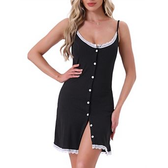 Women's Chemise Sleepdress Ribbed Knit Lace Button Down Spaghetti Strap Camisole Lingerie Nightie