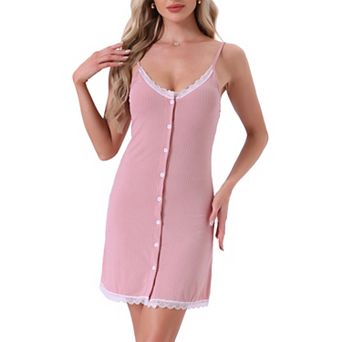 Women's Chemise Sleepdress Ribbed Knit Lace Button Down Spaghetti Strap Camisole Lingerie Nightie