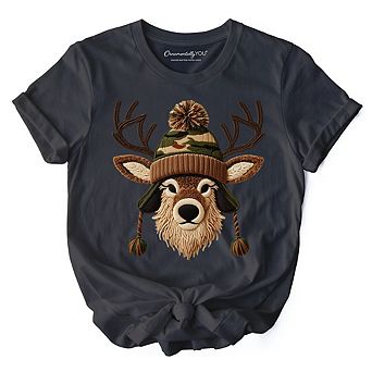 Deer Head Camo Hat Christmas T-Shirt, Imitation Latch Hook Yarn Cozy Hunting Season Tee