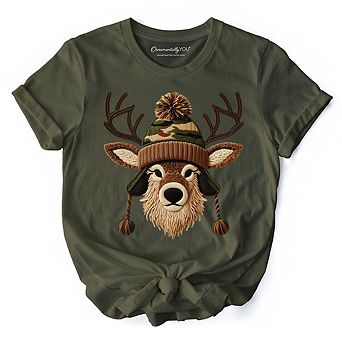Deer Head Camo Hat Christmas T-Shirt, Imitation Latch Hook Yarn Cozy Hunting Season Tee
