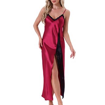 Women's Long Satin Nightgown Lace Slit Slip Lingerie for Ladies Nightwear Silky Chemise Sleepwear