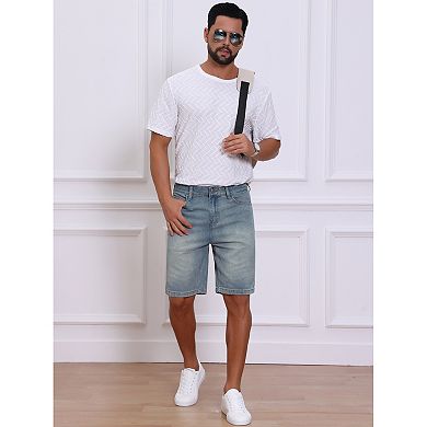 Men's Textured Denim Shorts Above Knee Zipper Closure Casual Jean Short