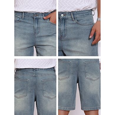 Men's Textured Denim Shorts Above Knee Zipper Closure Casual Jean Short