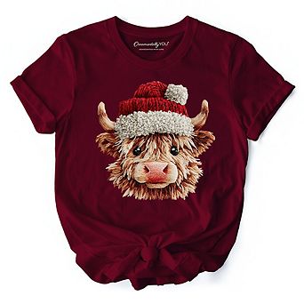Highland Cow Santa Hat Christmas T-Shirt, Imitation Latch Hook Yarn Cozy Tee