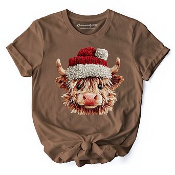 Highland Cow Santa Hat Christmas T-Shirt, Imitation Latch Hook Yarn Cozy Tee