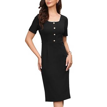 Elegant Dress for Women's Short Sleeve Square Neck Button Business Work Casual Sheath Dresses