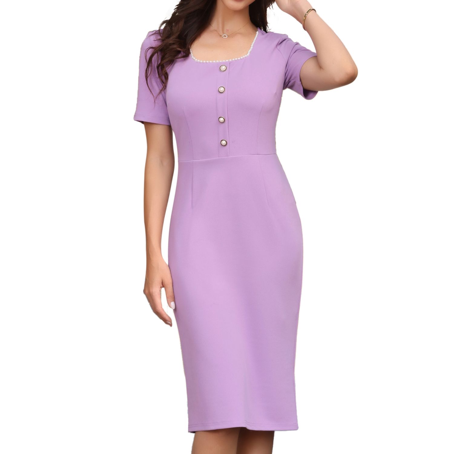 Женские платья Elegant Dress for Short Sleeve Square Neck Button Business Work Casual Sheath Dresses