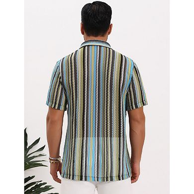 Men's Striped Shirt Retro Style Short Sleeve Button Down See Through Shirts