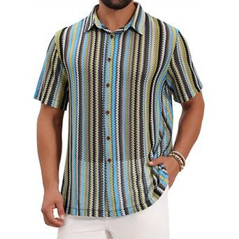 Men's Striped Shirt Retro Style Short Sleeve Button Down See Through Shirts