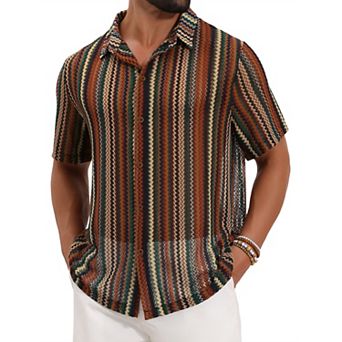 Men's Striped Shirt Retro Style Short Sleeve Button Down See Through Shirts