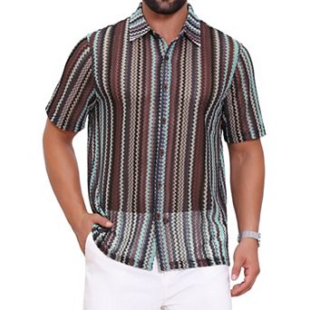 Men's Striped Shirt Retro Style Short Sleeve Button Down See Through Shirts