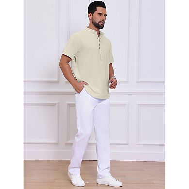 Men's Casual Henley Shirt Band Collar Short Sleeve Summer Beach Linen Shirts
