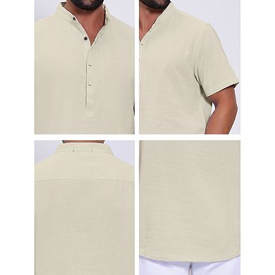 Men's Casual Henley Shirt Band Collar Short Sleeve Summer Beach Linen Shirts