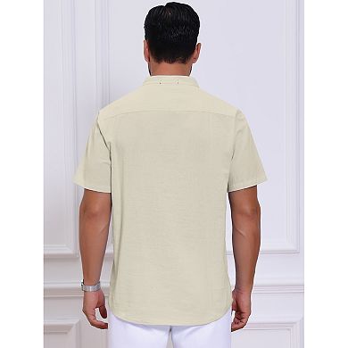 Men's Casual Henley Shirt Band Collar Short Sleeve Summer Beach Linen Shirts
