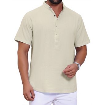 Men's Casual Henley Shirt Band Collar Short Sleeve Summer Beach Linen Shirts