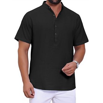 Men's Casual Henley Shirt Band Collar Short Sleeve Summer Beach Linen Shirts