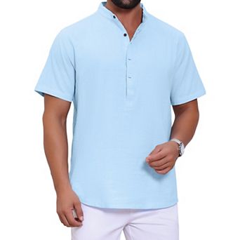Men's Casual Henley Shirt Band Collar Short Sleeve Summer Beach Linen Shirts